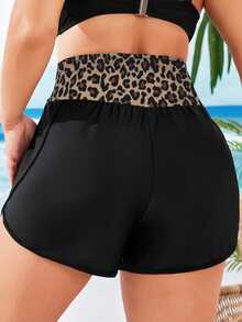 Swim Vcay Plus Size Women's Beach Vacation Patchwork Leopard Print Swim Shorts - Multicolor - View 2