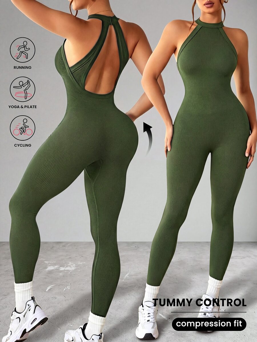 Slayform Slayform Women's Solid Color Backless Casual Athleisure Daily Travel Sports Jumpsuit Gym Olive Green Summer