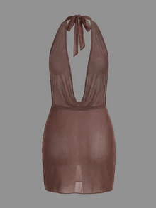 SHEIN Swim 女士时尚性感透视网纱深V领露背吊带罩衫 - 棕色 - 查看 5