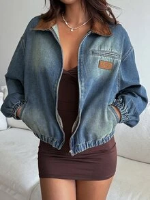 DAZY Women's Patchwork Contrast Color Loose Long Sleeve Woven Label Distressed Washed Casual Street Vacation Autumn/Winter Denim Jacket And Coat - Blue - View 4