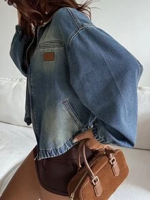 DAZY Women's Patchwork Contrast Color Loose Long Sleeve Woven Label Distressed Washed Casual Street Vacation Autumn/Winter Denim Jacket And Coat - Blue - View 7