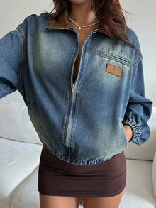 DAZY Women's Patchwork Contrast Color Loose Long Sleeve Woven Label Distressed Washed Casual Street Vacation Autumn/Winter Denim Jacket And Coat - Blue - View 6