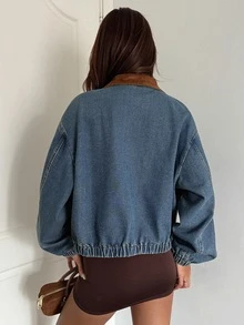 DAZY Women's Patchwork Contrast Color Loose Long Sleeve Woven Label Distressed Washed Casual Street Vacation Autumn/Winter Denim Jacket And Coat - Blue - View 2