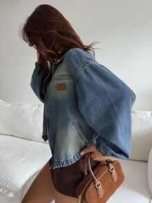 DAZY Women's Patchwork Contrast Color Loose Long Sleeve Woven Label Distressed Washed Casual Street Vacation Autumn/Winter Denim Jacket And Coat - Blue - View 3