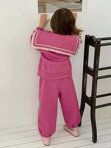 DAZY 女童拼色長袖運動衫與運動長褲休閒日常套裝 秋季 - 玫紅色 - 查看 5