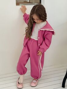 DAZY 女童拼色長袖運動衫與運動長褲休閒日常套裝 秋季 - 玫紅色 - 查看 3