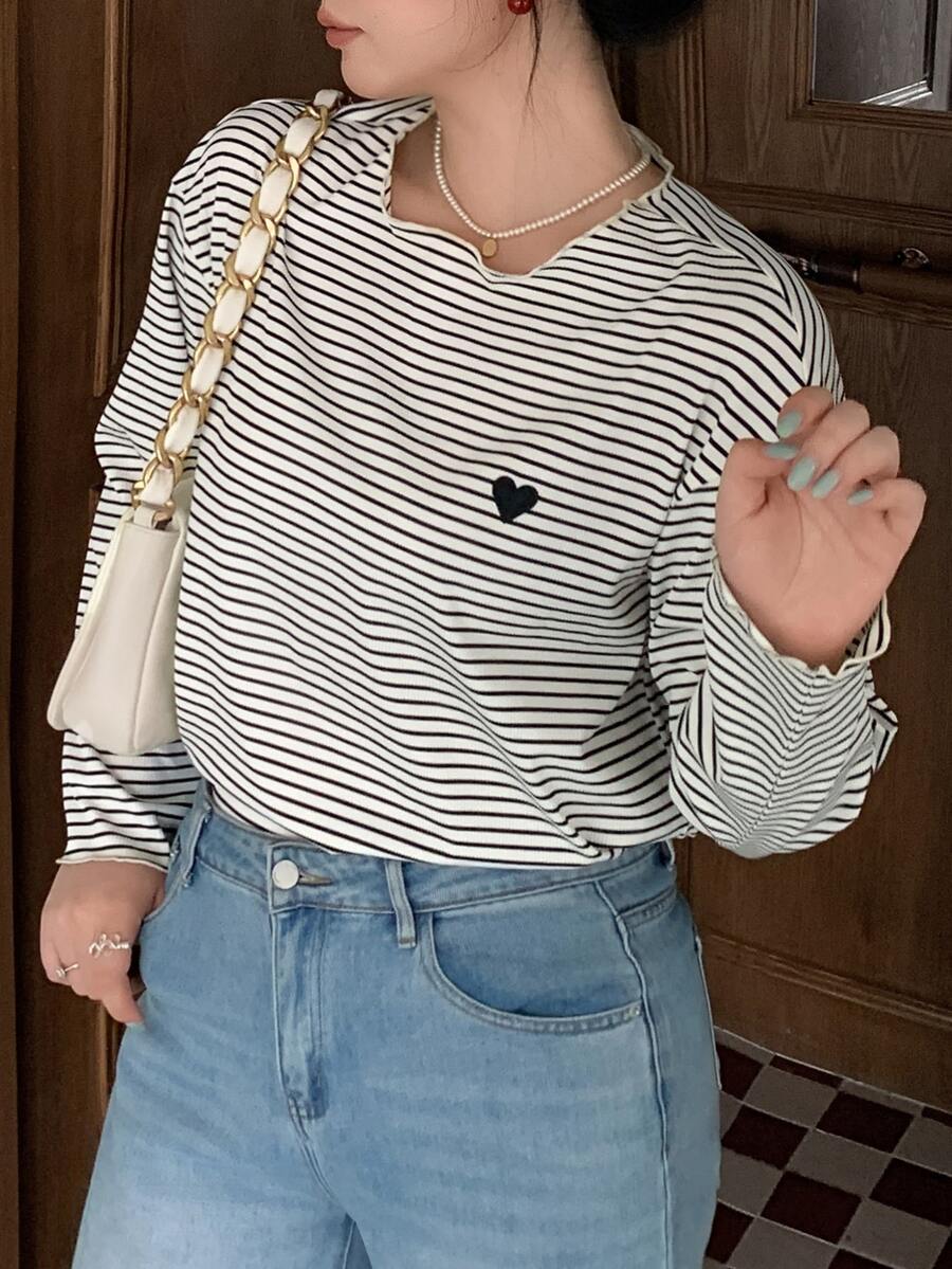 Dazy Plus Wavy Frill Trim Striped Loose Contrast Color Edge Long Sleeve T-Shirt, Spring/Autumn New Casual Top - Black and White - View 1