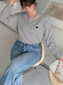 Dazy Plus Wavy Frill Trim Striped Loose Contrast Color Edge Long Sleeve T-Shirt, Spring/Autumn New Casual Top - Black and White - View 3