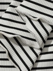 Dazy Plus Wavy Frill Trim Striped Loose Contrast Color Edge Long Sleeve T-Shirt, Spring/Autumn New Casual Top - Black and White - View 5