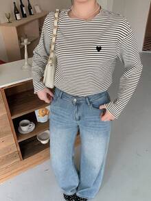 Dazy Plus Wavy Frill Trim Striped Loose Contrast Color Edge Long Sleeve T-Shirt, Spring/Autumn New Casual Top - Black and White - View 4