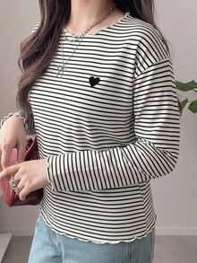 Dazy Plus Wavy Frill Trim Striped Loose Contrast Color Edge Long Sleeve T-Shirt, Spring/Autumn New Casual Top - Black and White - View 7