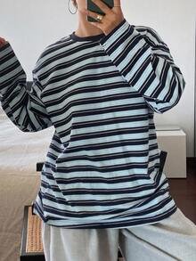 Dazy Plus Street Casual Versatile Striped Loose Long Sleeve Crew Neck T-Shirt, Spring/Autumn New Style - Blue - View 1