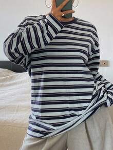 Dazy Plus Street Casual Versatile Striped Loose Long Sleeve Crew Neck T-Shirt, Spring/Autumn New Style - Blue - View 5