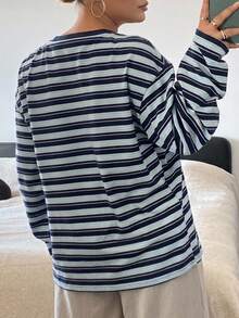 Dazy Plus Street Casual Versatile Striped Loose Long Sleeve Crew Neck T-Shirt, Spring/Autumn New Style - Blue - View 2