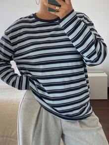 Dazy Plus Street Casual Versatile Striped Loose Long Sleeve Crew Neck T-Shirt, Spring/Autumn New Style - Blue - View 4