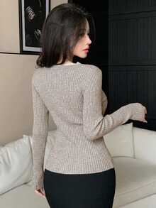 DAZY Women's Contrast Lace Long Sleeve Fitted Elegant Sweater Fall - Grey - View 2