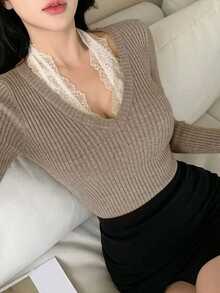 DAZY Women's Contrast Lace Long Sleeve Fitted Elegant Sweater Fall - Grey - View 5