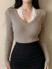 DAZY Women's Contrast Lace Long Sleeve Fitted Elegant Sweater Fall - Grey - View 6