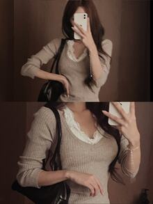 DAZY Women's Contrast Lace Long Sleeve Fitted Elegant Sweater Fall - Grey - View 1