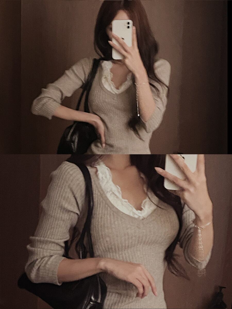DAZY Women's Contrast Lace Long Sleeve Fitted Elegant Sweater Fall - Grey - View 1