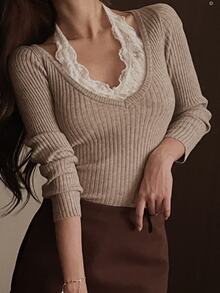 DAZY Women's Contrast Lace Long Sleeve Fitted Elegant Sweater Fall - Grey - View 9