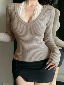 DAZY Women's Contrast Lace Long Sleeve Fitted Elegant Sweater Fall - Grey - View 4