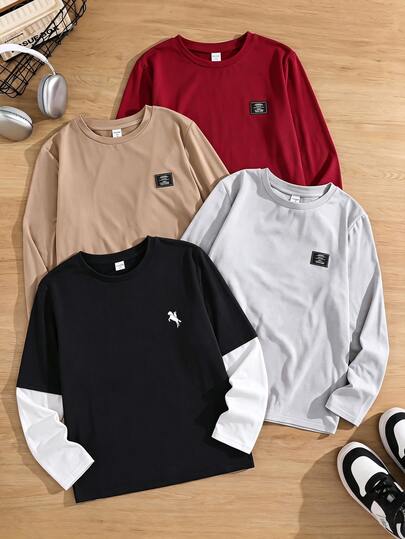 SHEIN Little Byeori Kids Tween Boy Casual College Retro Style Crew Neck Pullover Long Sleeve T-Shirt, FallOutfit, WinterOutfit, Loose Striped T-Shirt, Suitable For Spring/Summer/Fall/Winter, School, Family Gathering, Sports, Birthday Party
