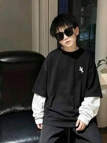 SHEIN Little Byeori 兒童青少年男孩休閒學院復古風圓領套頭長袖T恤，秋季穿搭，冬季穿搭，寬鬆條紋T恤，適合春夏秋冬，校園、家庭聚會、運動、生日派對 - 黑與白 - 查看 4
