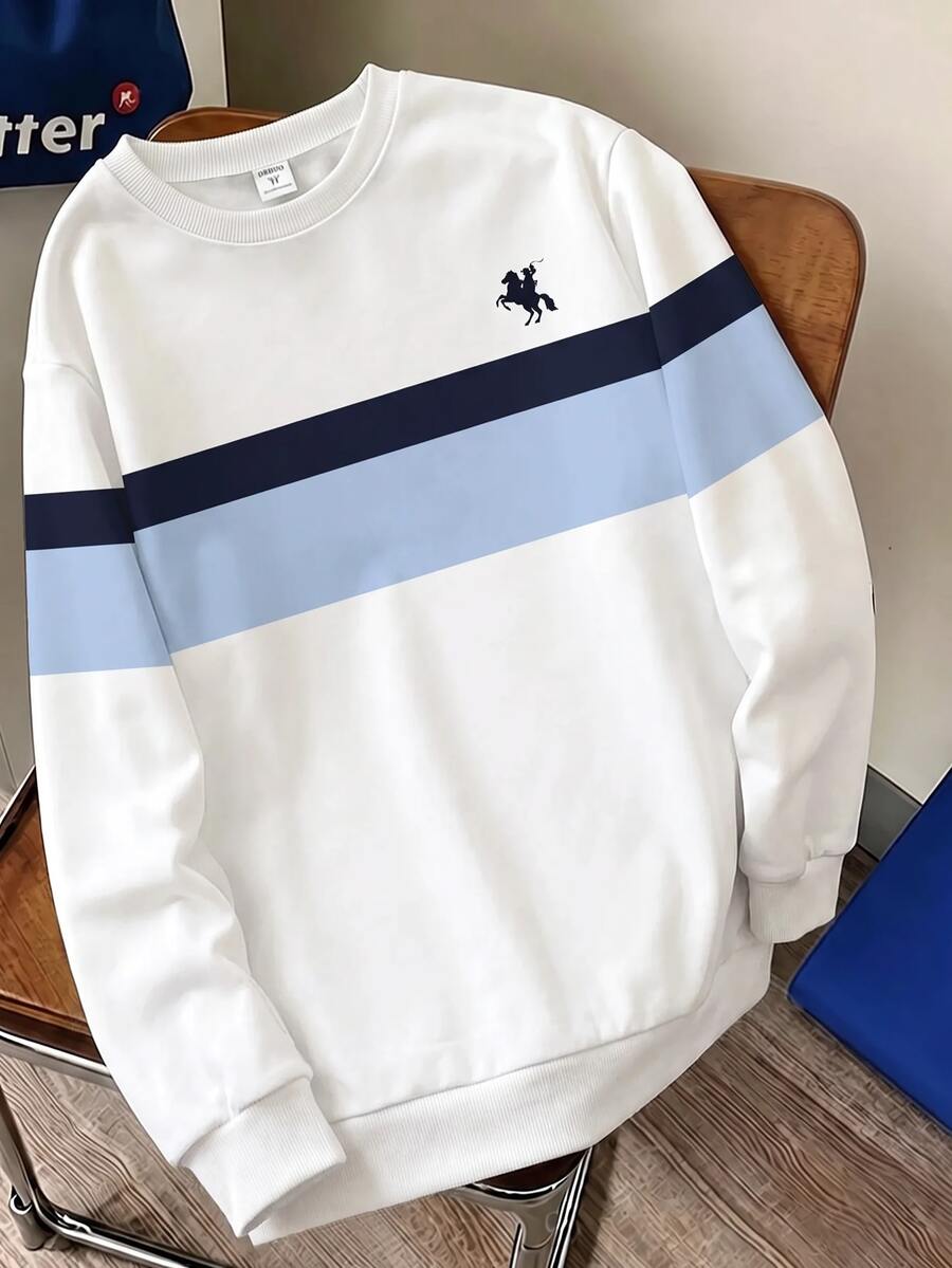Teen Boy Casual Minimalist Loose Fit Crew Neck Long Sleeve Comfortable Sweatshirt, Classic Retro Striped Color Block Patchwork Graphic Print, Delicate Small Logo Graphic Print, Suitable For Back To School Season - Multicolor - View 1