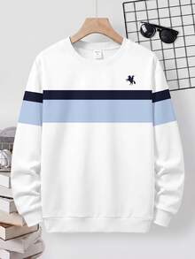 Teen Boy Casual Minimalist Loose Fit Crew Neck Long Sleeve Comfortable Sweatshirt, Classic Retro Striped Color Block Patchwork Graphic Print, Delicate Small Logo Graphic Print, Suitable For Back To School Season - Multicolor - View 3