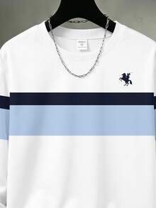 Teen Boy Casual Minimalist Loose Fit Crew Neck Long Sleeve Comfortable Sweatshirt, Classic Retro Striped Color Block Patchwork Graphic Print, Delicate Small Logo Graphic Print, Suitable For Back To School Season - Multicolor - View 5