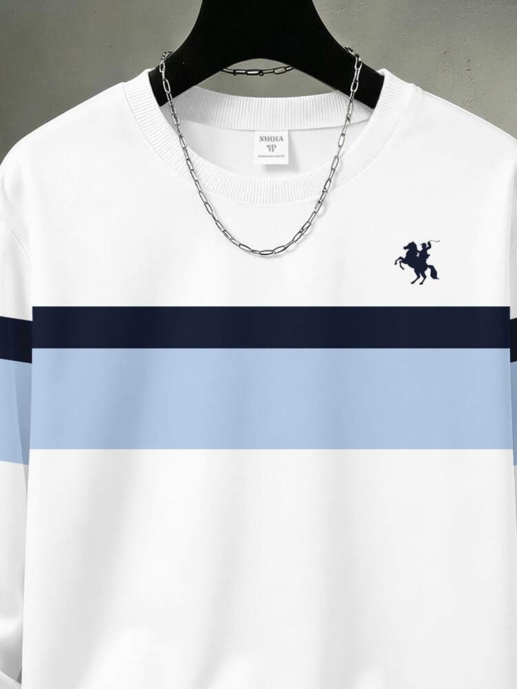 Teen Boy Casual Minimalist Loose Fit Crew Neck Long Sleeve Comfortable Sweatshirt, Classic Retro Striped Color Block Patchwork Graphic Print, Delicate Small Logo Graphic Print, Suitable For Back To School Season - Multicolor - View 5