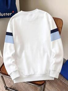 Teen Boy Casual Minimalist Loose Fit Crew Neck Long Sleeve Comfortable Sweatshirt, Classic Retro Striped Color Block Patchwork Graphic Print, Delicate Small Logo Graphic Print, Suitable For Back To School Season - Multicolor - View 4