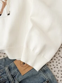 SHEIN كنزة صوفية بياقة دائرية بنمط الغزال لفتاة مراهقة، كنزة صوفية دافئة لعيد الميلاد - بيج - مشاهدة 7
