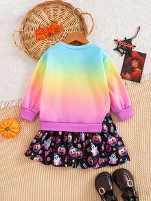 Emery Rose Kids Gaun Rajut Anak Perempuan Motif Patchwork Gradien Warna-warni untuk Halloween - Hitam - View 7