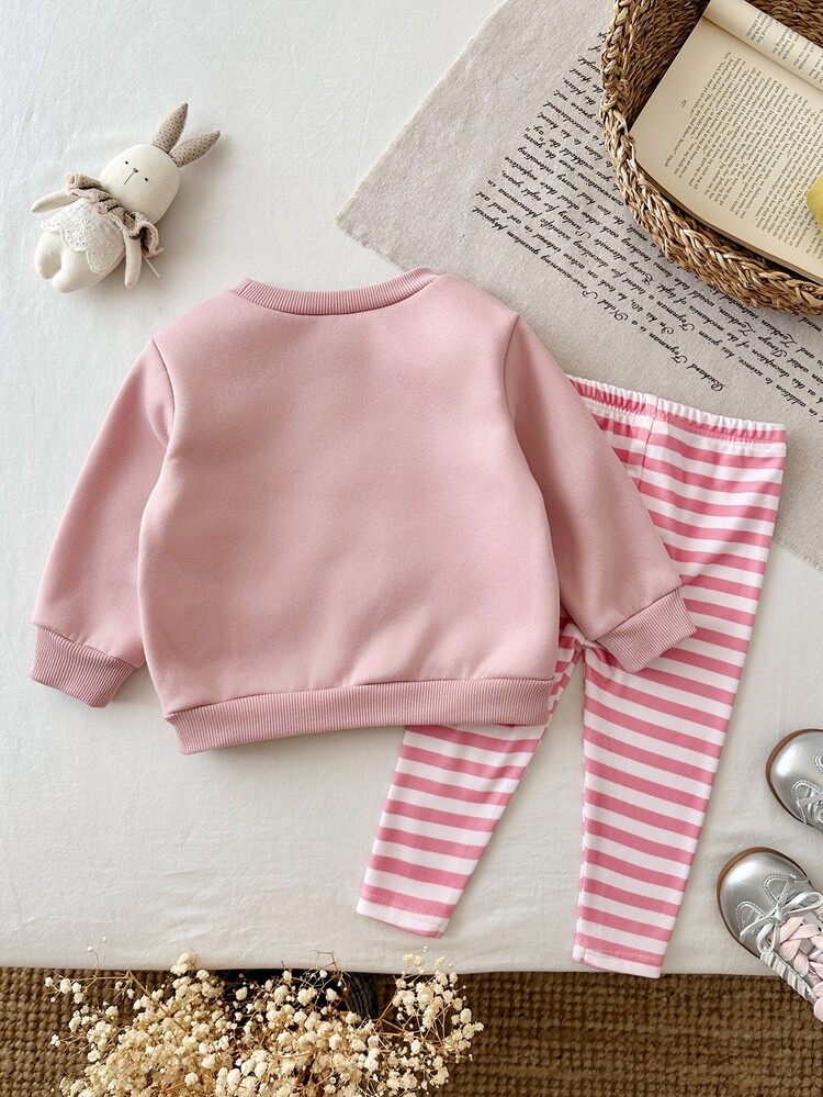 SHEIN Baby Girl Knit Solid Color Cute Cartoon Duck Pattern Sweatshirt And Striped Pants 2 Pieces Set Family Matching Pink Pink Striped Autumn Winter Clothes - Pink - View 3