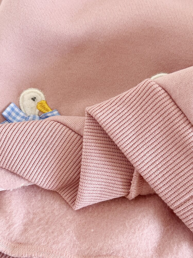 SHEIN Baby Girl Knit Solid Color Cute Cartoon Duck Pattern Sweatshirt And Striped Pants 2 Pieces Set Family Matching Pink Pink Striped Autumn Winter Clothes - Pink - View 6