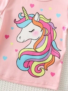 SHEIN 女嬰針織可愛獨角獸與愛心圖案圓領T恤 + 長褲貼身居家服 4件套 - 彩色 - 查看 8