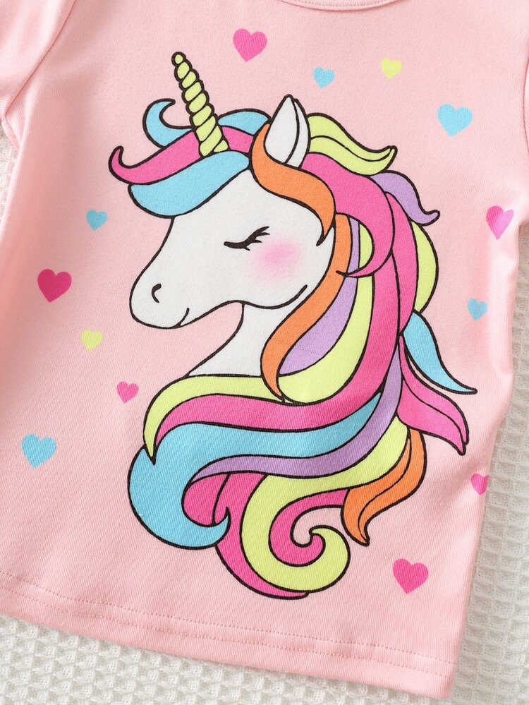 SHEIN Baby Girl Knitted Cute Unicorn & Heart Pattern Round Neck T-Shirt + Long Pants Snug Fit Loungewear 4pcs -Piece Set - Multicolor - View 8