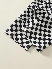 男嬰棋盤格鬆緊腰長褲，百搭舒適 - 黑與白 - 查看 4
