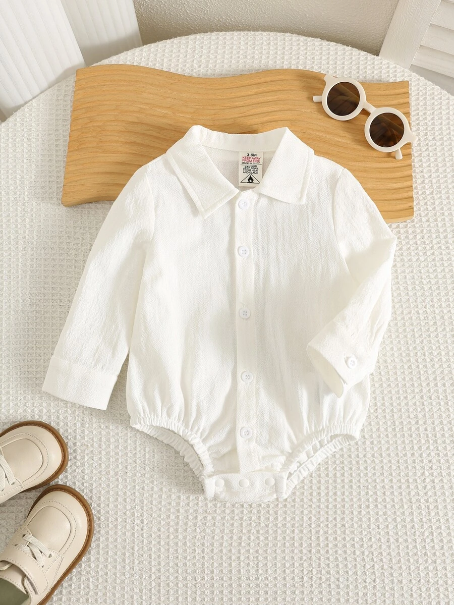 SHEIN 中性新生兒嬰兒男/女寶寶 100%純棉秋冬長袖白色連身衣,嬰兒連身衣,適合節日、滿月與週歲慶祝、嬰兒洗禮、寶寶生日 - 白色 - 查看 1