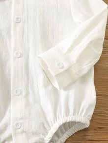 SHEIN 中性新生兒嬰兒男/女寶寶 100%純棉秋冬長袖白色連身衣，嬰兒連身衣，適合節日、滿月與週歲慶祝、嬰兒洗禮、寶寶生日 - 白色 - 查看 5