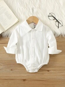 SHEIN 中性新生兒嬰兒男/女寶寶 100%純棉秋冬長袖白色連身衣，嬰兒連身衣，適合節日、滿月與週歲慶祝、嬰兒洗禮、寶寶生日 - 白色 - 查看 3