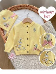 SHEIN Baby Girl Floral Embroidered Pattern Single-Breasted Casual Daily Autumn Winter Cardigan - Yellow - View 7
