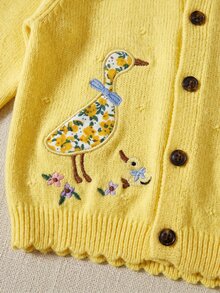 SHEIN Baby Girl Floral Embroidered Pattern Single-Breasted Casual Daily Autumn Winter Cardigan - Yellow - View 3
