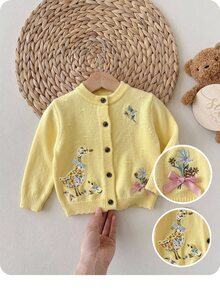 SHEIN Baby Girl Floral Embroidered Pattern Single-Breasted Casual Daily Autumn Winter Cardigan - Yellow - View 8