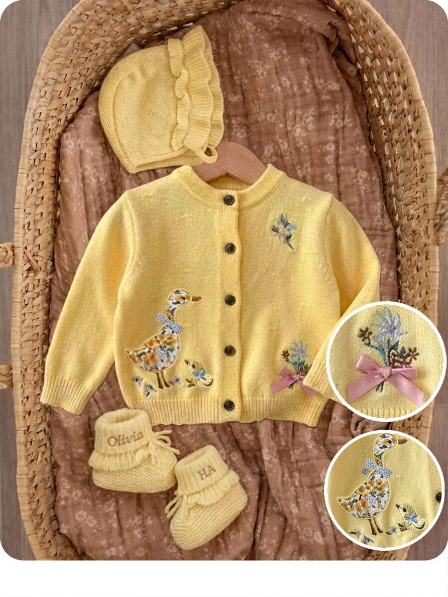 SHEIN Baby Girl Floral Embroidered Pattern Single-Breasted Casual Daily Autumn Winter Cardigan - Yellow - View 1