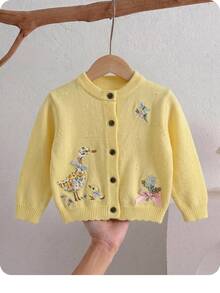 SHEIN Baby Girl Floral Embroidered Pattern Single-Breasted Casual Daily Autumn Winter Cardigan - Yellow - View 9