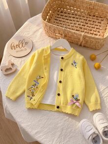 SHEIN Baby Girl Floral Embroidered Pattern Single-Breasted Casual Daily Autumn Winter Cardigan - Yellow - View 4