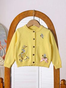 SHEIN Baby Girl Floral Embroidered Pattern Single-Breasted Casual Daily Autumn Winter Cardigan - Yellow - View 6
